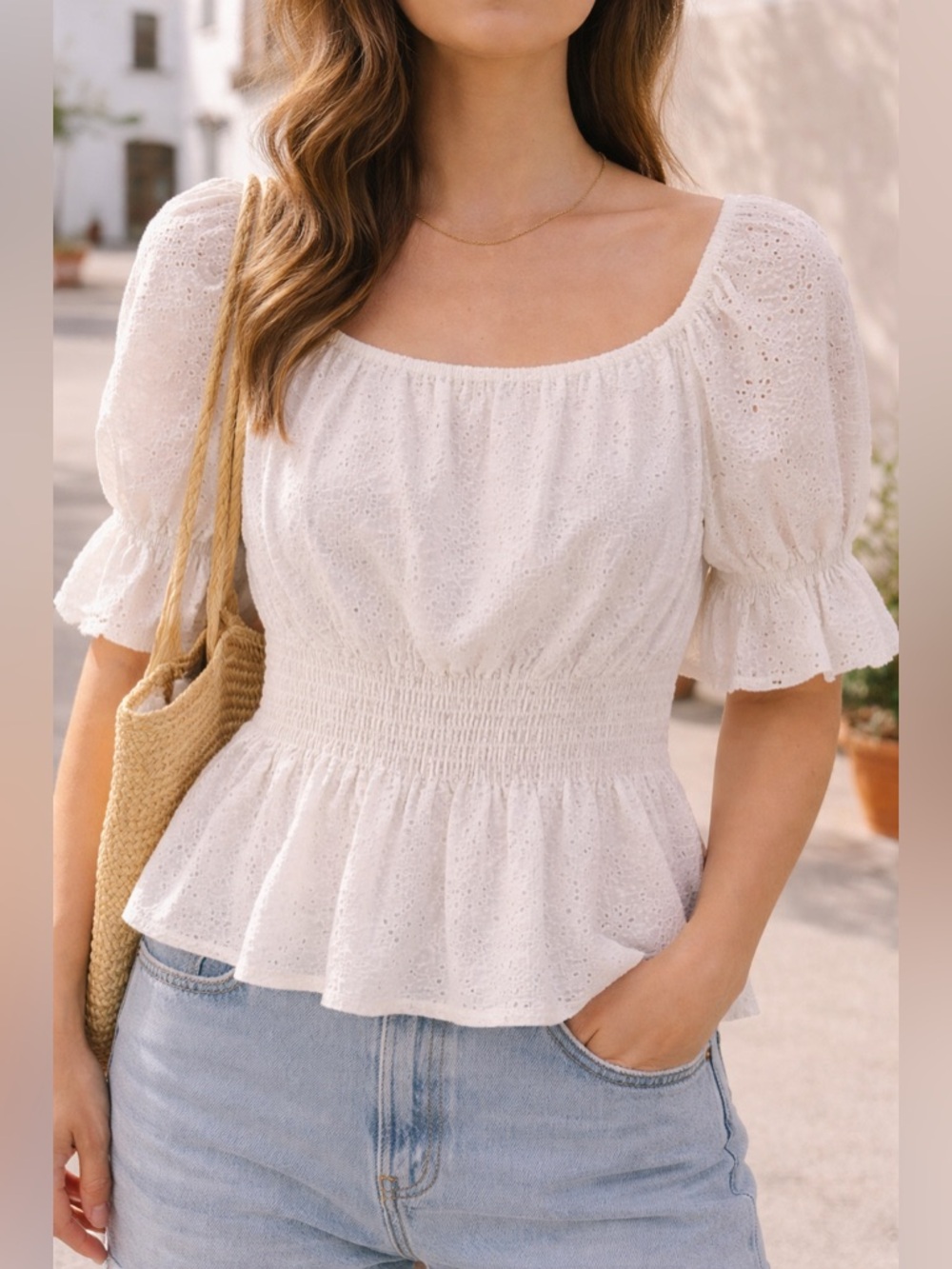 KIRIOUS Los Angeles Eyelet Smocked Peplum Blouse | Size L